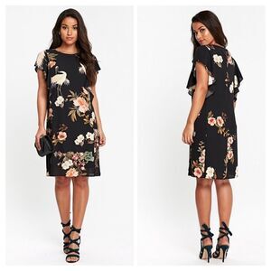 Wallis Floral Bird Print Frill Black Dress Size 10